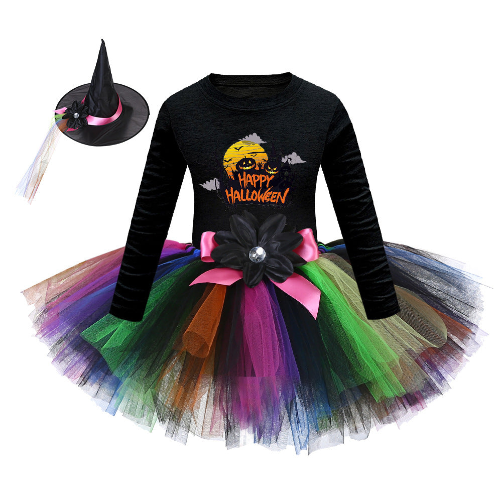 Arrival Girls’ Halloween Costume: Long Sleeves Cartoon Print Witches Cosplay Party Tulle Patchwork Dress with Hat Set