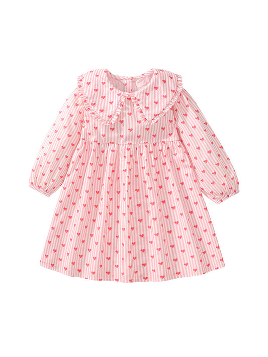 Vestido de princesa de manga larga con cuello estilo preppy y estampado de rayas y corazones para niñas de otoño 