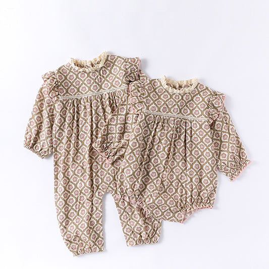 Spring New Arrival Baby Girls Long Sleeves Vintage Floral Pattern Rompers and Onesies