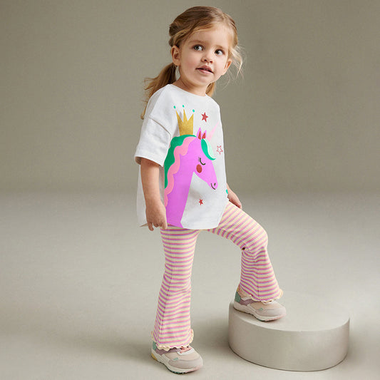 Summer Baby Kids Cartoon Unicorn Pattern T-shirt and Striped Pants Clothing Set for Girls