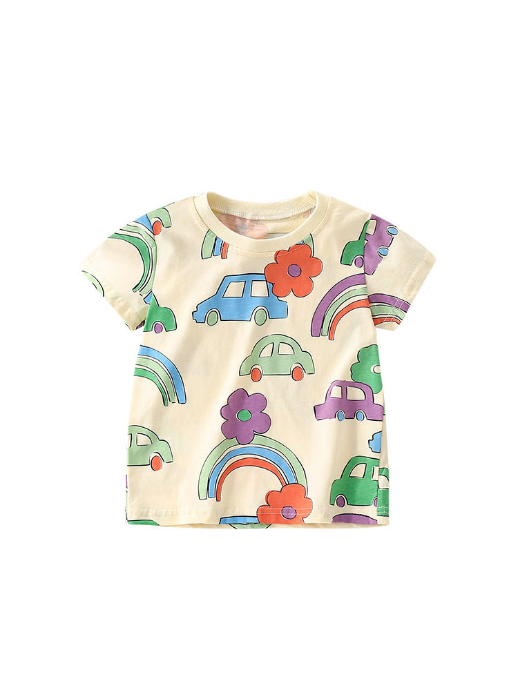 Boys’ Cartoon Rainbow Cars Pattern Short Sleeves T-Shirt In European And American Style For Summer