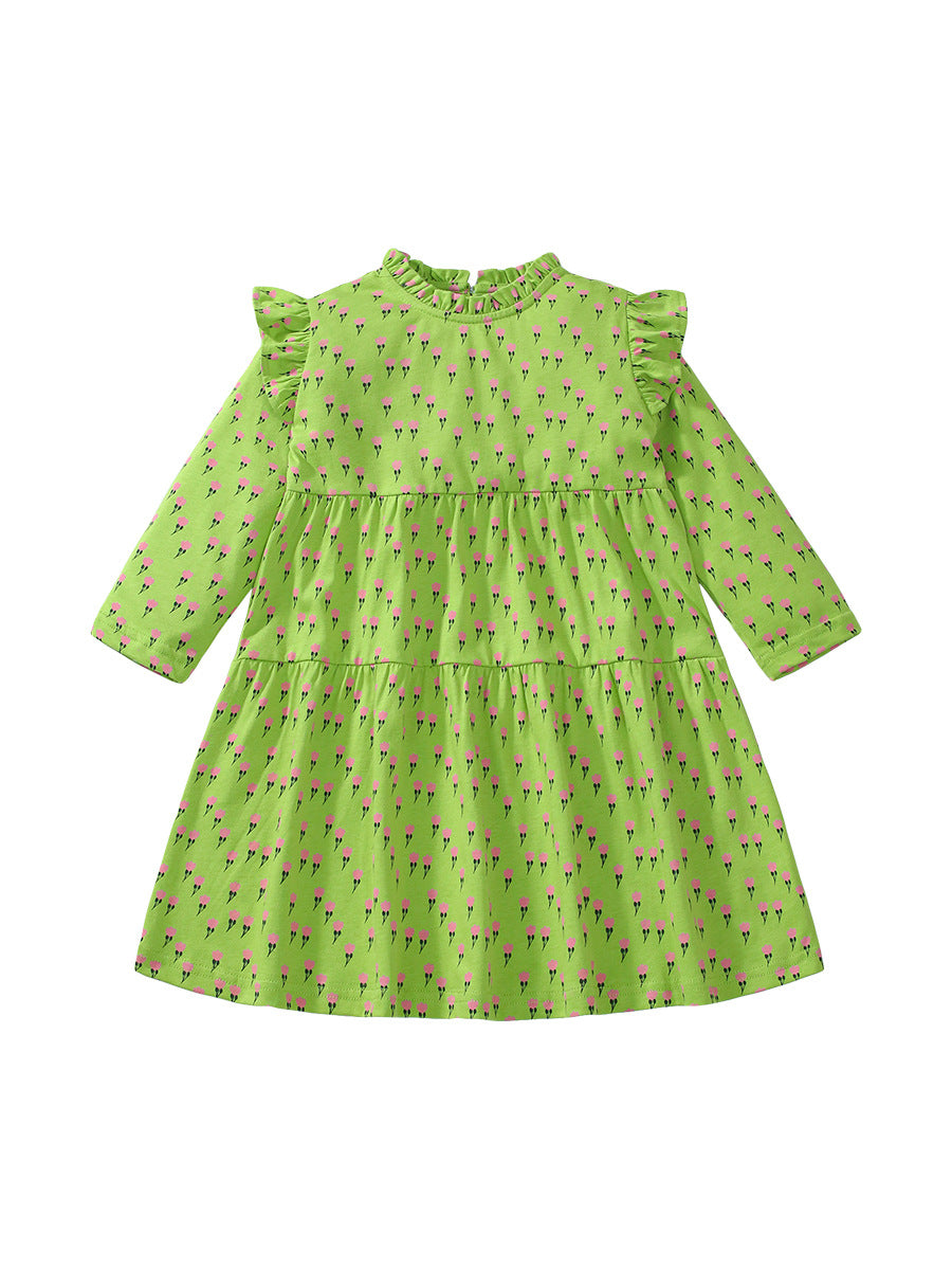 Design Autumn Girls Little Flowers Pattern Ruffle Neck Long Sleeves Green Dress