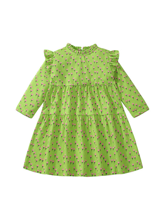 Vestido verde de manga larga con cuello con volantes y estampado de flores pequeñas para niñas de otoño 