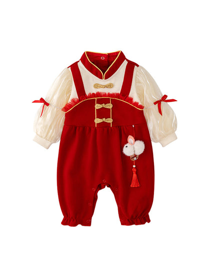 Autumn New Design Baby Girls Color Patchwork Stand Collar Romper with Butterfly Bows