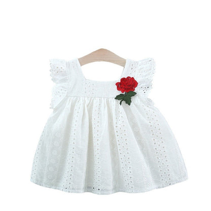 Summer Hot Selling Baby Kids Girls Hollow Out Flowers Pattern Fly Sleeves Square Neck Princess Dress