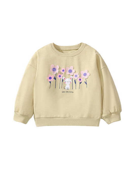 Autumn Warm Baby Kids Girls Cartoon Rabbit And Flowers Pattern Pullover Clothing Long Sleeves Top Sweatshirt