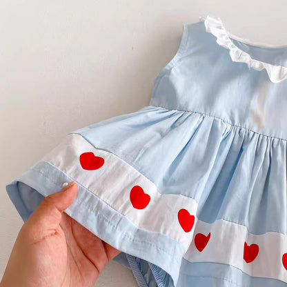 Best Selling Summer Baby Kids Girls Red Heart Pattern Sleeveless Ruffle Collar Onesies Dress