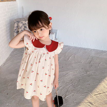 Summer New Arrival Baby Girls Cherry Print Fly Sleeves Peter Pan Collar Dress