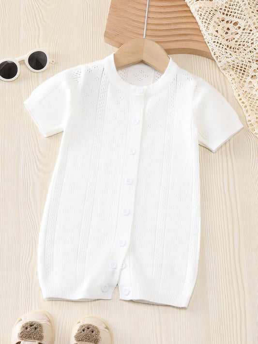 Summer New Arrival Baby Unisex Solid Color Short Sleeves Hollow Out Pattern Single Breasted Knitted Romper