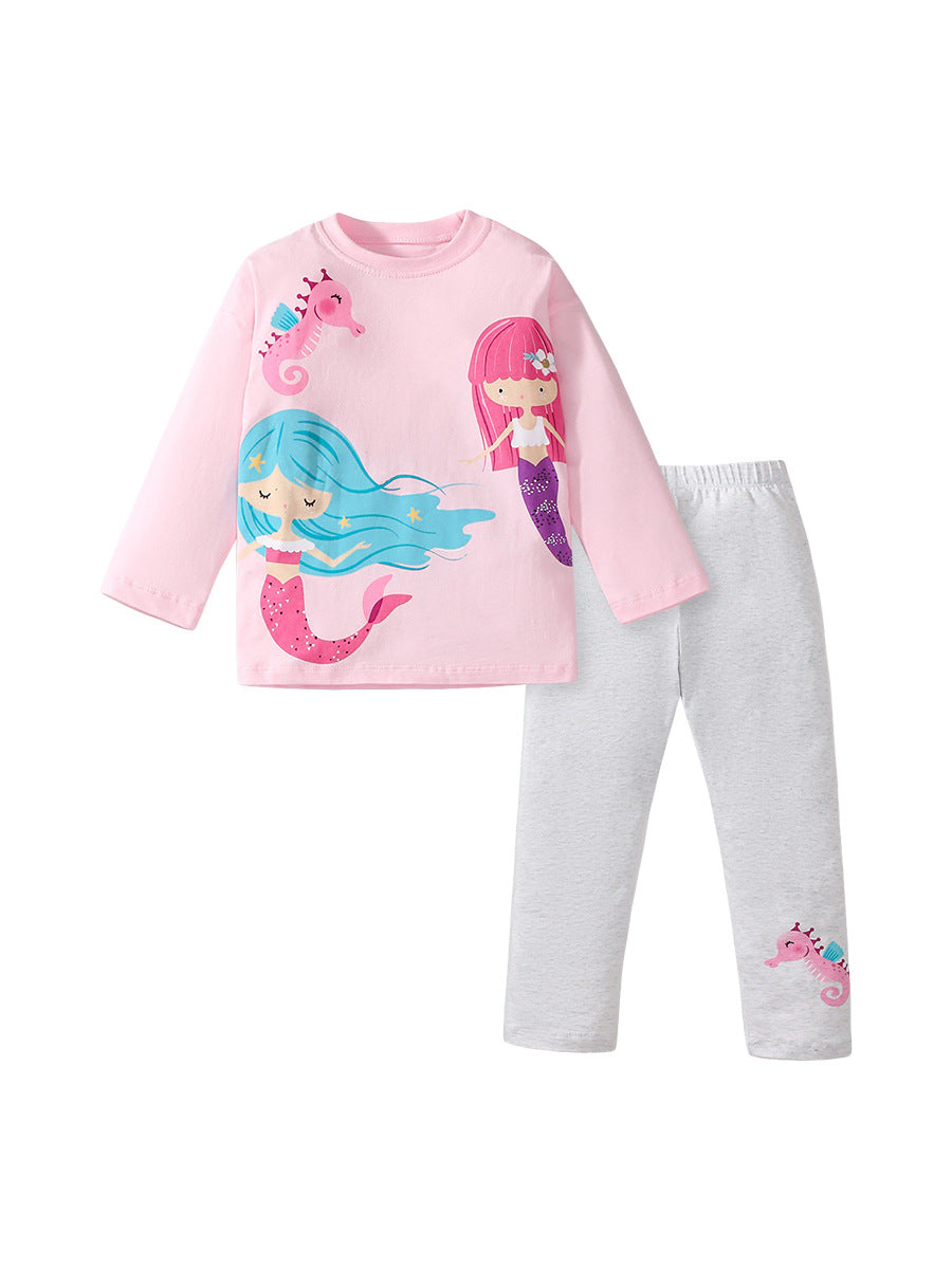 Conjunto de camiseta y pantalón de manga larga con estampado de dibujos animados de princesa sirena para niñas de primavera y otoño 