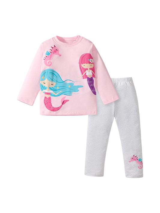 Spring And Autumn Girls Cute Mermaid Princess Cartoon Print Long Sleeves Top T-Shirt And Pants Clothing Set