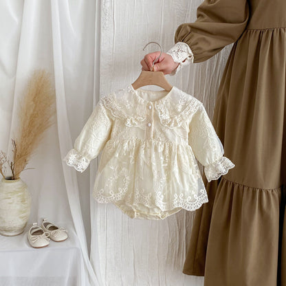 Autumn New Arrival Baby Girls Long Sleeves Beige Embroidery Onesies Dress