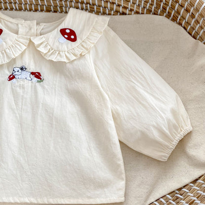 Autumn New Arrival Baby Kids Girls Comfortable Simple Rabbits and Vegetable Pattern Long Sleeves Top Shirt with Collar