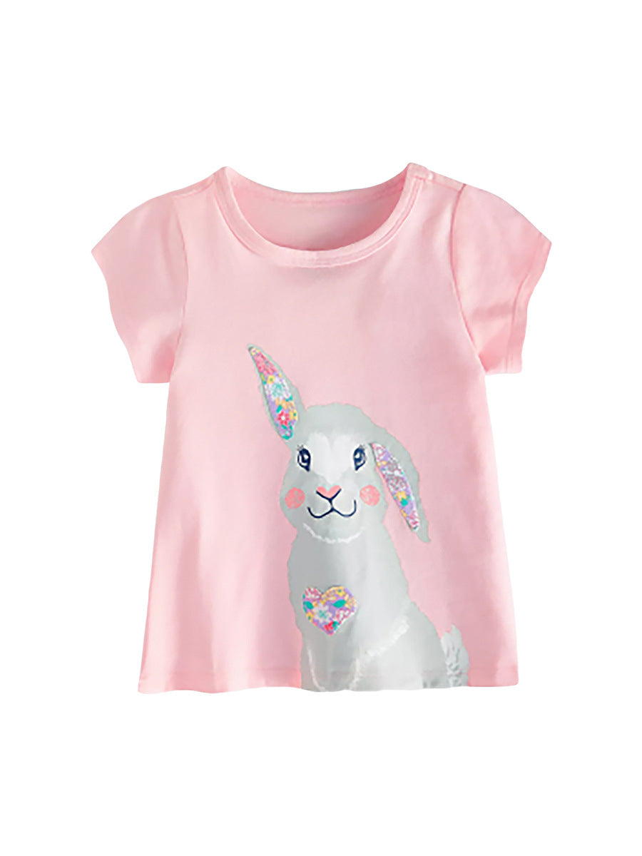 Crew Neck Rabbit Cartoon Pattern Girls’ T-Shirt In European And American Style For Summer