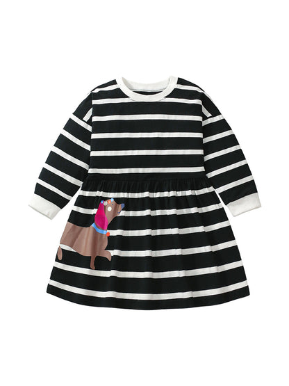 Arrival Autumn Girls Cartoon Dachshund Dog Pattern Crew Neck Long Sleeves Striped Dress