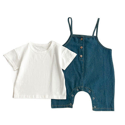 Summer Baby Kids Unisex Solid Color Short Sleeves White T-Shirt And Denim Overalls Romper – Baby Clothing Set