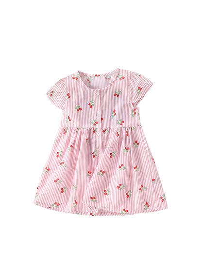 Summer New Arrival Girls’ Strawberry Pattern Striped Single Breasted Short Sleeves Round Neck Dress