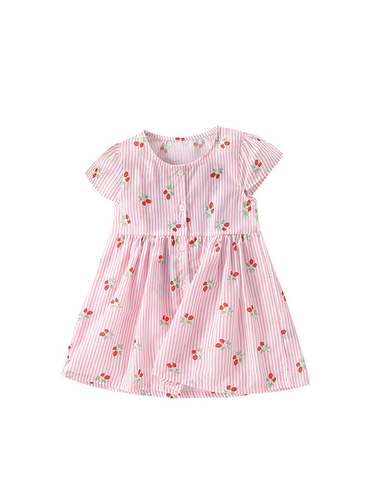 Summer New Arrival Girls’ Strawberry Pattern Striped Single Breasted Short Sleeves Round Neck Dress