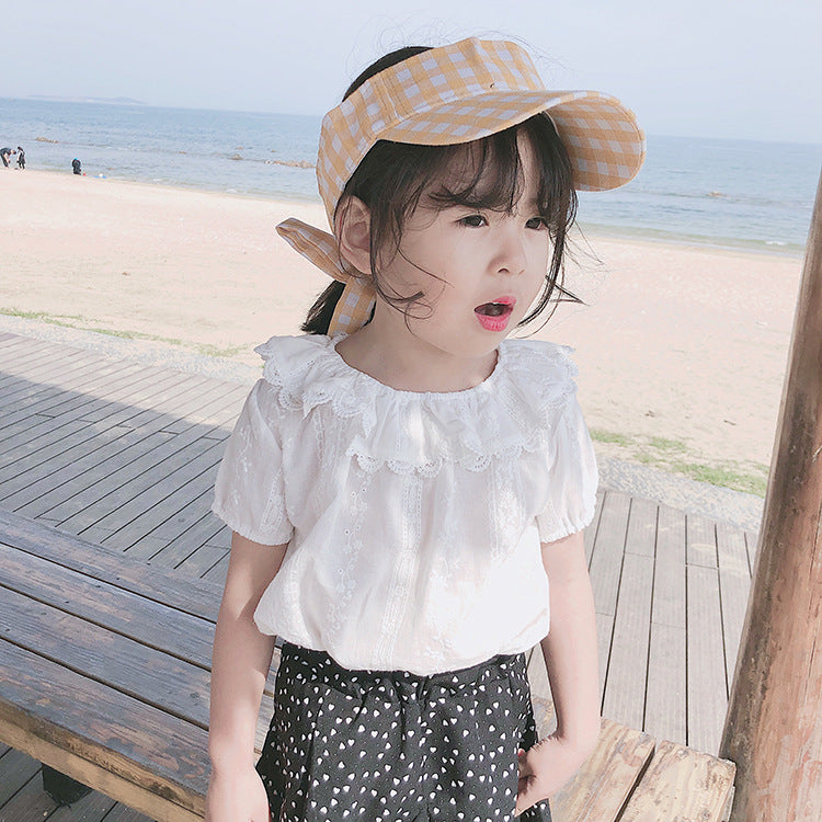 Summer New Arrival Girls Short Sleeves Solid Color Floral Pattern Embroidery Big Collar Top Shirt