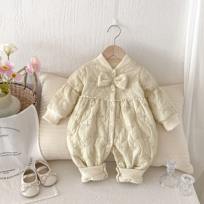 Winter New Arrival Baby Girls Simple Solid Color Floral Embroidered Pattern Warm Padded Thick Romper