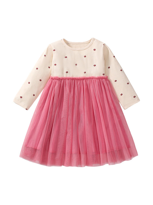 Design Autumn Girls Flowers Pattern Crew Neck Long Sleeves Pink Tulle Patchwork Princess Dress