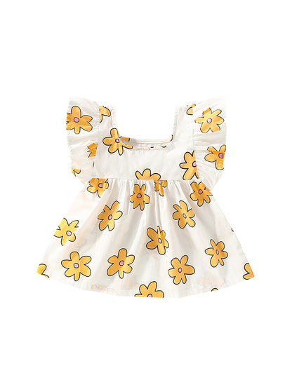 Vestido amarillo con cuello cuadrado y estampado floral y mangas abullonadas para niñas pequeñas de verano