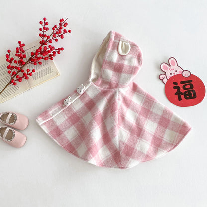 Autumn and Winter Baby Girl Pink and White Plaid Warm Cozy Fleece Cape Popular Shawl