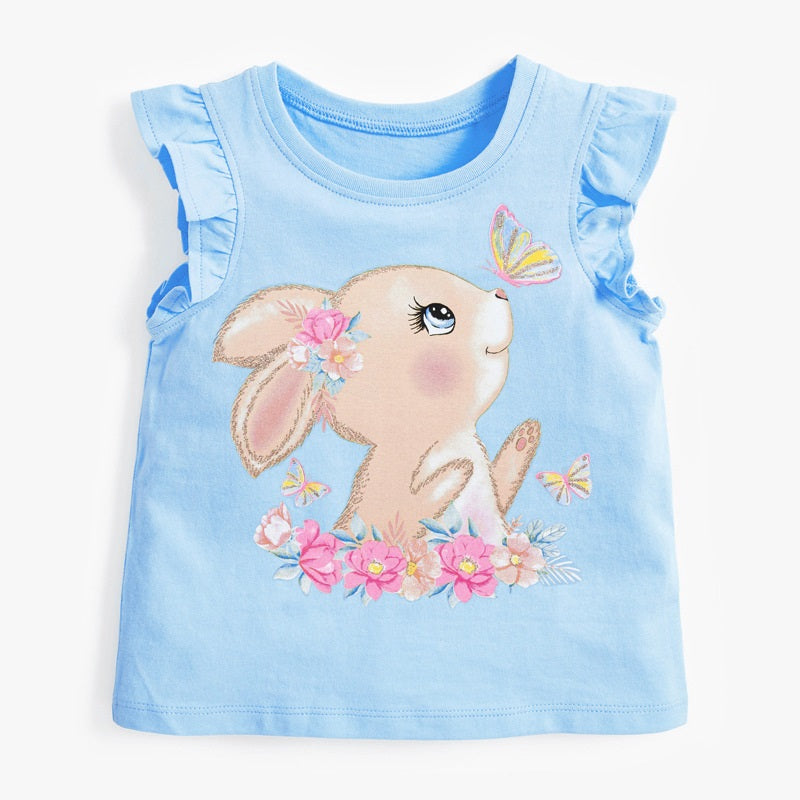 Crew Neck Rabbit Cartoon Print Ruffle Sleeveless Girls’ T-Shirt