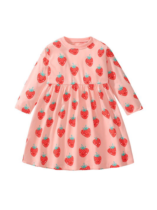 Vestido de cuello redondo con estampado de dibujos animados de frutas y fresas de manga larga para niñas de otoño 