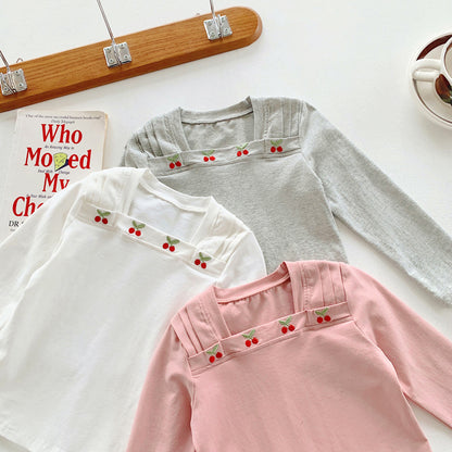 Camisa con estampado de cerezas bordadas y cuello cuadrado de manga larga para niñas y niños de nuevo diseño de otoño 