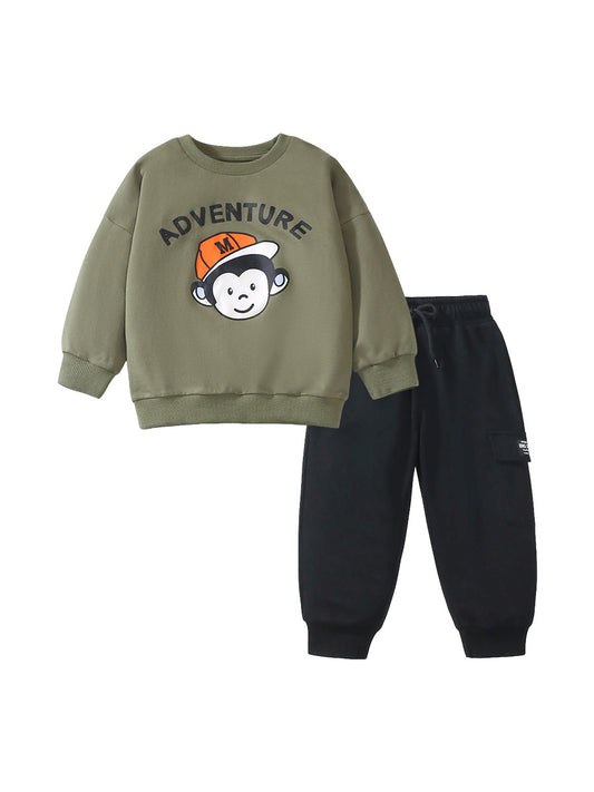 Conjunto de ropa con sudadera y pantalones con bolsillos de manga larga con estampado de mono de dibujos animados para niños de primavera y otoño 