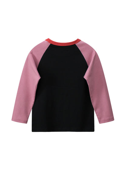 Autumn New Arrival Kids Girls Cartoon Print Crew Neck Long Sleeves Color Patchwork Shirt