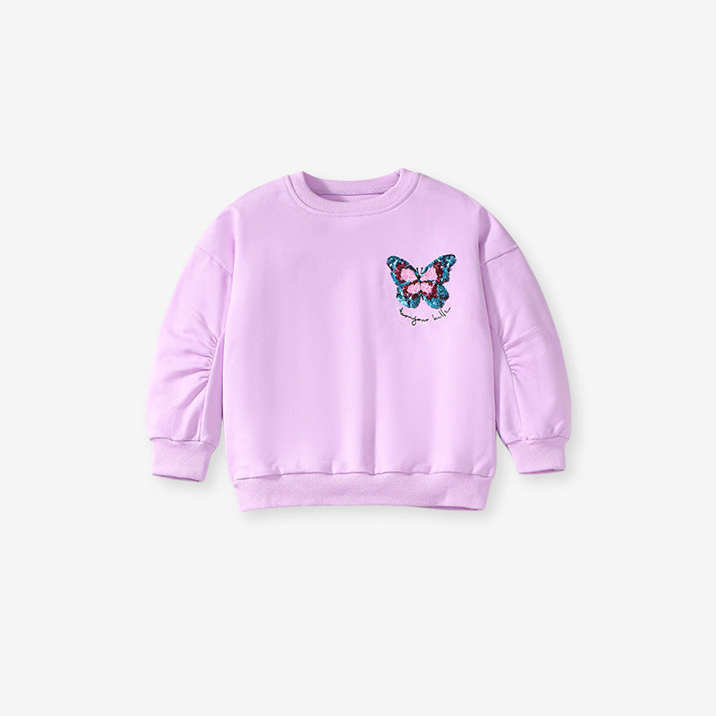 Spring And Autumn Girls Simple Butterfly Logo Long Sleeves Crew Neck Top Sweatshirt And Pants Clothing Set