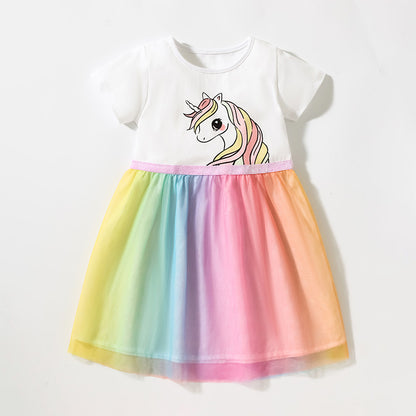 Baby Girls Short Sleeves Unicorn Printing Tulle Dress