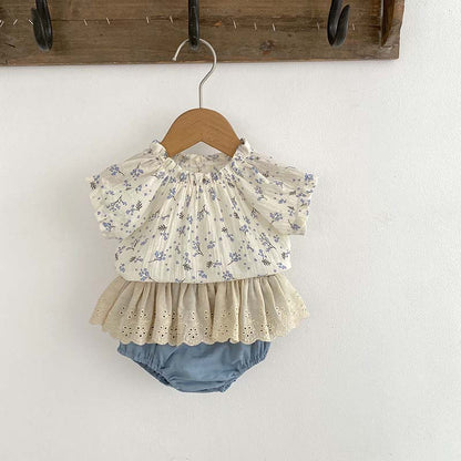 Summer Hot Selling Baby Girls Short Sleeves Floral Print Top And Hollow Out Bloomers Clothing Set