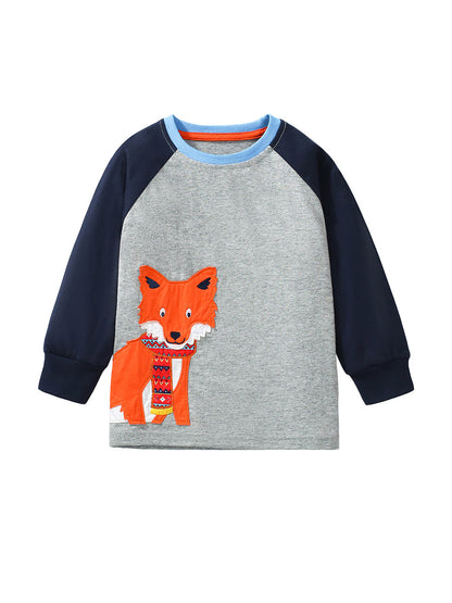 Arrival Autumn Kids’ Fox Cartoon Pattern Appliqué Embroidery Long Sleeves T-Shirt In European And American Style