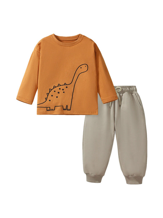 Spring And Autumn Boys Cartoon Dinosaur Pattern Long Sleeves Top T-Shirt And Solid Color Pants Clothing Set