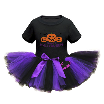 Disfraz de Halloween para niñas recién llegadas: vestido de tul con parches y estampado de dibujos animados de manga corta para fiesta de cosplay de brujas 