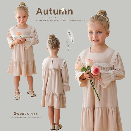 Vestido de otoño con diseño de patchwork y mangas largas y escote cuadrado sencillo para niñas 