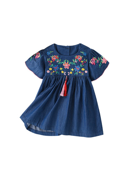 Summer New Design Girls’ Flowers Embroidery Pattern Crew Neck Short Sleeves Dress