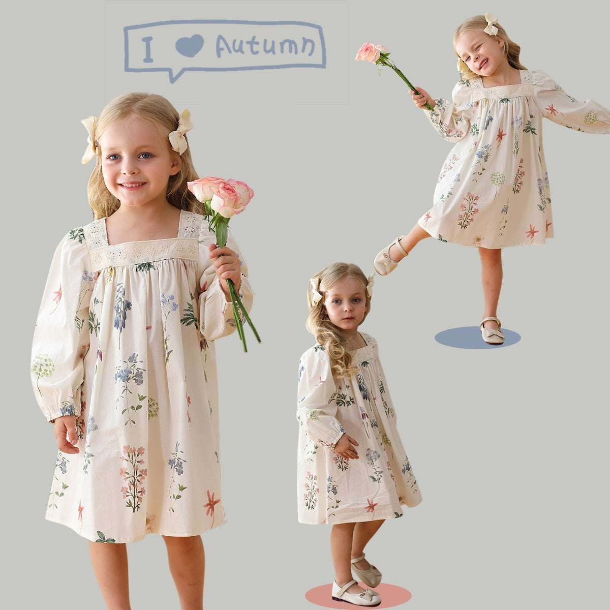 Vestido con estampado de flores y mangas largas con escote cuadrado sencillo para niñas de otoño 