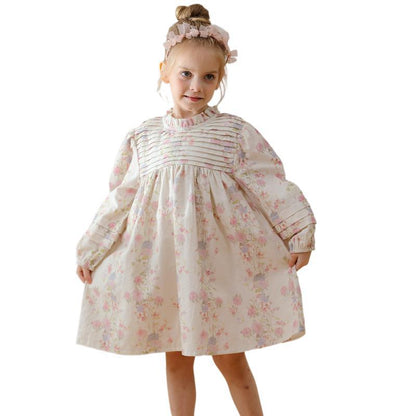 Hot Selling French Style Autumn Girls Flowers Print Ruffle Neck Long Sleeves Pleated Dress