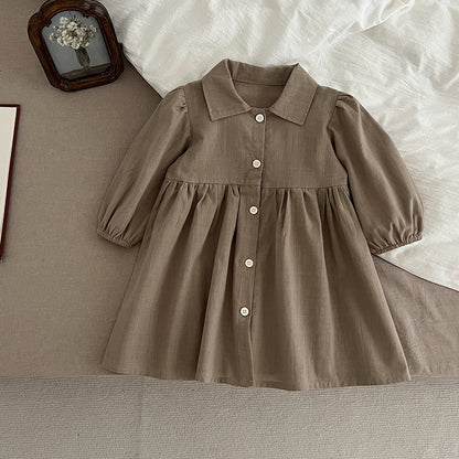 Arrival Autumn Baby Kids Girls Long Sleeves Solid Color Single Breasted Turn-down Collar Dress