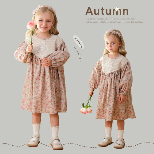 Vestido de cuello redondo con mangas largas abullonadas y diseño floral de moda para niñas de otoño