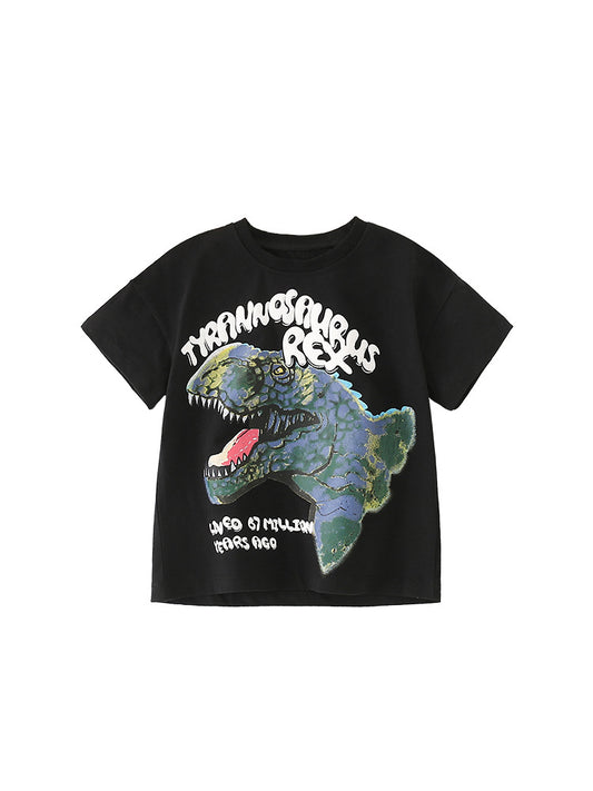 Camiseta de manga corta con estampado de dinosaurio de dibujos animados feroz para niños de verano en estilo europeo y americano para el verano 