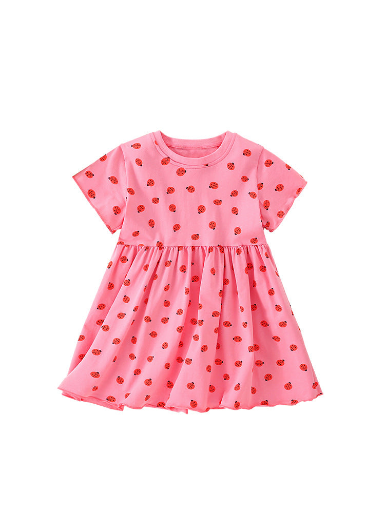 Vestido rosa con estampado de mariquitas y mangas cortas para niñas y bebés recién llegado de verano 