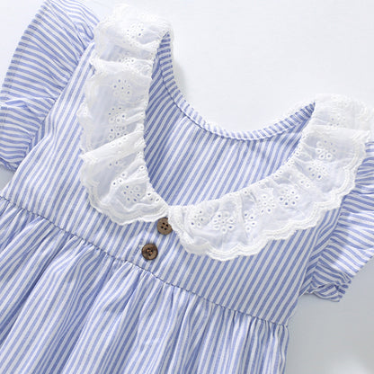 Spring And Summer Baby Girls Ruffle Collar Short Sleeves Striped Dress