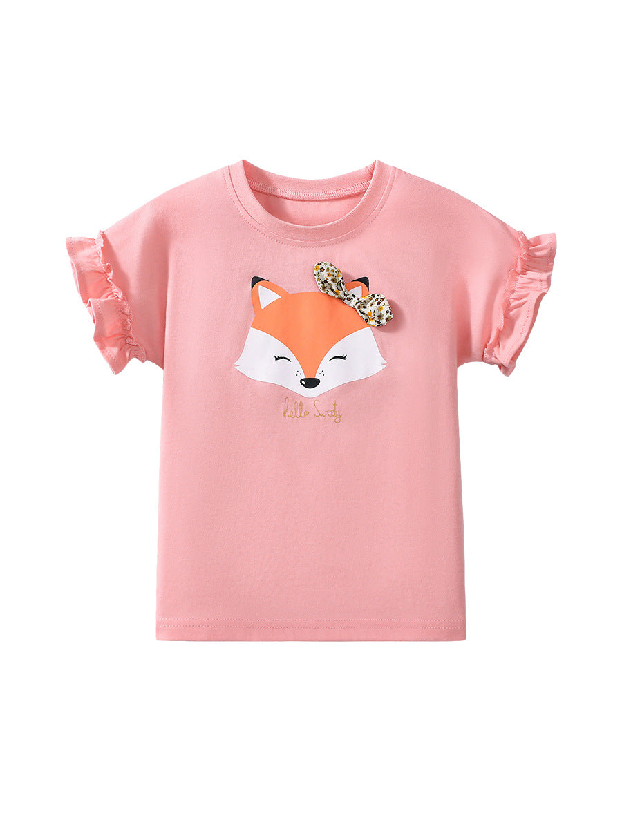 Girls’ Cute Fox Cartoon Pattern Short Sleeves T-shirt in European and American Style for Summer