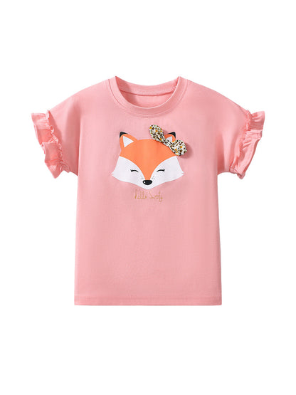 Girls’ Cute Fox Cartoon Pattern Short Sleeves T-shirt in European and American Style for Summer