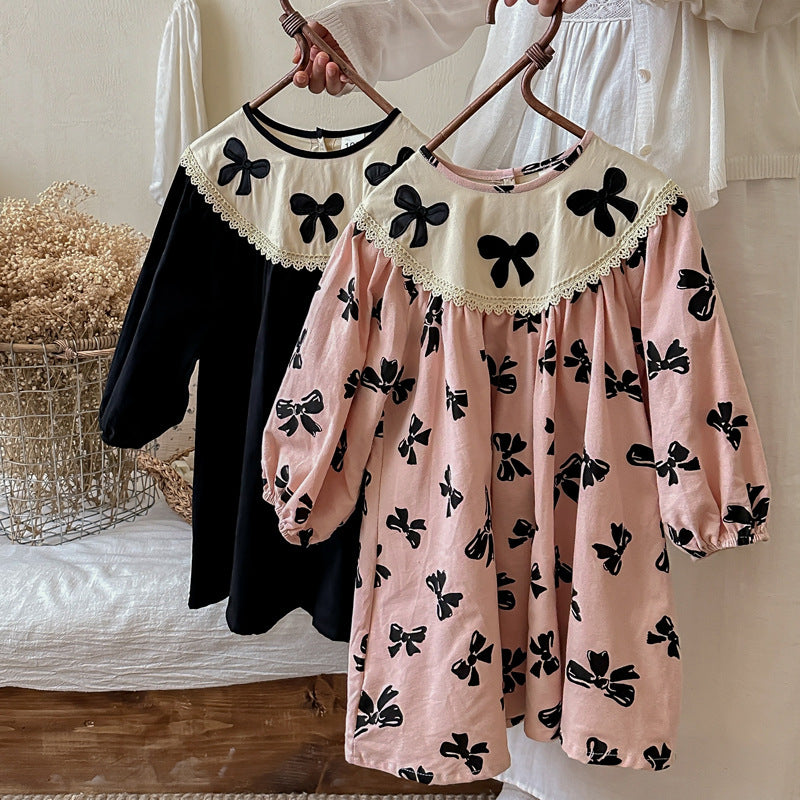 Arrival Autumn Girls Butterfly-bows Pattern Long Sleeves Dress with Embroidery Collar